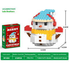 Detailed miniature Santa Claus figure made with tiny building blocks, featuring a blue and red hat, orange nose, and yellow scarf, perfect for holiday decoration.