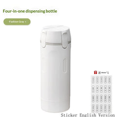 Compact white four-in-one travel dispensing bottle with secure lid and set of English label stickers for organized toiletry storage.