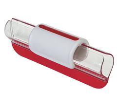 Red and white kitchen fruit slicer designed for evenly slicing tomatoes and vegetables with a clear protective cover and ergonomic grip handle.