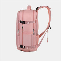 Side view of a soft pink women's travel backpack with multiple zippered compartments, adjustable padded shoulder straps, and side mesh pockets designed for convenience and organization.