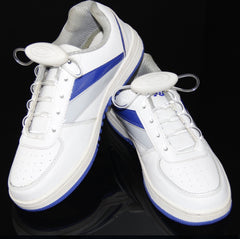 White and blue sneakers featuring waterproof LED light up shoelaces designed for enhanced visibility during night running, parties, and kids' activities.