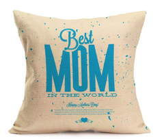 Beige decorative throw pillow with blue text reading "Best Mom in the World" and a small "Happy Mothers Day" message, designed as a heartfelt gift for Mother's Day.