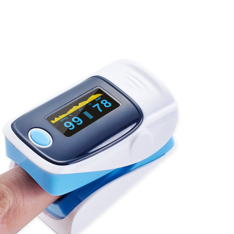 Pulse oximeter clipped on a finger displaying oxygen saturation and pulse rate on a clear LED screen with blue and white casing.