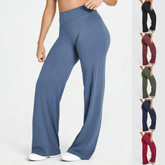 Woman wearing ultra-soft, high-waisted straight leg yoga pants in blue, shown with additional colors black, red, green, navy, and brown on the side, ideal for fitness or lounging.