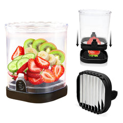 Kitchen slicer tool with stainless steel blades creating uniform slices of strawberries, kiwi, cucumber, and banana, shown with removable parts for easy use and cleaning.