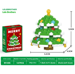 Miniature Christmas tree constructed from tiny green, white, and colorful building blocks with festive decorations and a yellow topper, designed as a holiday-themed decorative item.