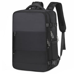 Black large travel backpack for women with padded shoulder straps, multiple zippered compartments, and side buckles, designed for organizing electronics and travel essentials.