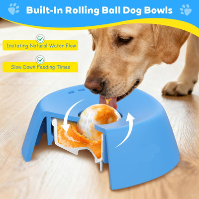 Golden retriever licking a blue slow feeder dog bowl with a built-in rolling ball that imitates natural water flow to slow down feeding and prevent choking.