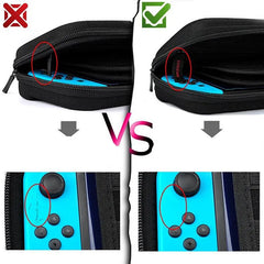 Comparison of two black shockproof carrying cases for handheld consoles, highlighting one with better interior protection that prevents scratches on the blue gaming device.