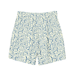 Men’s blue animal-patterned quick-dry swim trunks made from recycled polyester, featuring a 5-inch inseam and a stylish design suitable for summer activities.