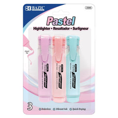 Three pastel-colored highlighters in pink, peach, and light blue with pocket clips, displayed in packaging highlighting vibrant, quick-drying, and dry-resistant ink.