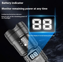 Close-up of a black flashlight featuring a digital battery indicator displaying remaining power percentage with a focus on real-time monitoring for outdoor use.