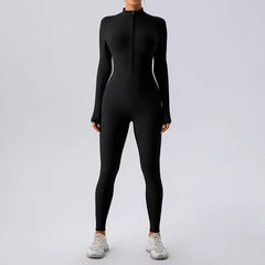 Women's high elastic zipper yoga jumpsuit – front view full length