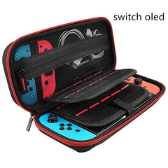 Open red and black shockproof carrying case holding a handheld gaming console with blue and red controllers, along with storage compartments for cables and accessories.