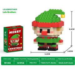 Small Christmas-themed Santa Claus figure made from tiny building blocks, featuring festive red, green, and black colors with detailed hat and facial features.