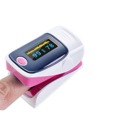 Compact fingertip pulse oximeter with bright LED display showing oxygen saturation and pulse rate on a finger, designed for easy health monitoring at home or on the go.