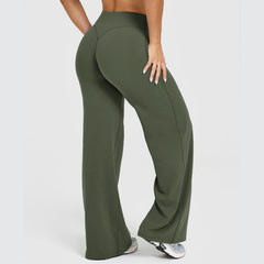 Woman wearing high-waisted, olive green straight leg yoga pants with a buttery soft texture, posing to show comfortable fit and flattering silhouette for fitness and lounging.