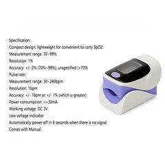 Compact fingertip pulse oximeter in white and purple with LED display, designed for easy SpO2 and pulse rate monitoring at home or on the go.