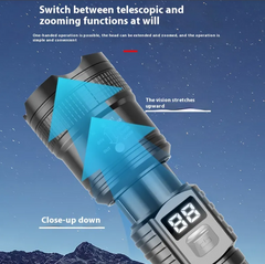 Black and blue powerful LED flashlight with digital display, showing telescopic and zooming features for adjustable focus, against a starry night sky background.