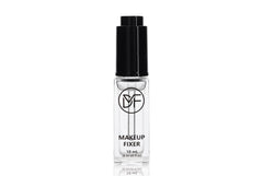Clear small bottle of makeup fixer liquid with black cap and minimalist black text, designed to enhance cosmetic longevity and waterproof pigment.
