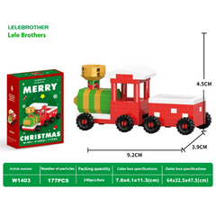 Christmas-themed Santa Claus train built from tiny building blocks with red, green, and gold colors, featuring detailed festive design ideal for holiday decoration.