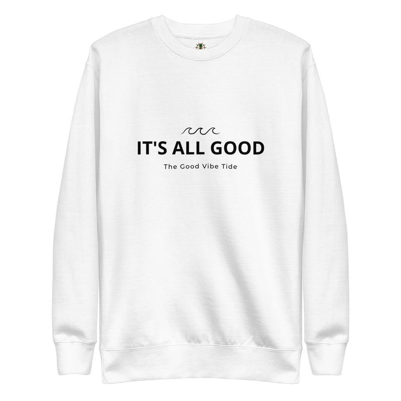 White heavyweight fleece crewneck sweatshirt with black text reading 