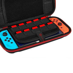 Open shockproof carrying case lined with black fabric, featuring elastic straps and compartments securely holding a handheld gaming console with blue and red controllers.