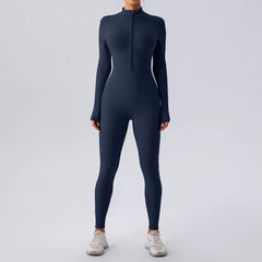 Women's high elastic zipper yoga jumpsuit – front view full length