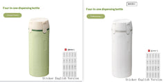 Two portable 4-in-1 travel dispenser bottles in light green and gray, designed for leak-proof toiletry storage and convenient TSA-approved travel use.