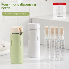 Two sets of 4-in-1 leak-proof travel dispenser bottles in green and white, with clear refillable containers and label stickers for convenient toiletry organization.