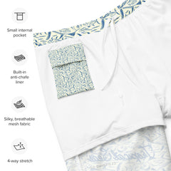 Close-up of men's blue animal patterned swim trunks showcasing the quick-dry polyester fabric, built-in anti-chafe liner, small internal pocket, and breathable mesh with 4-way stretch.