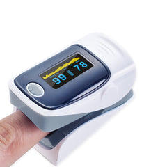Compact fingertip pulse oximeter in white and gray with bright LED display showing blood oxygen saturation and pulse rate on a finger, ideal for health monitoring.
