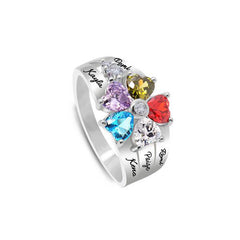 Silver personalized Mother's Day ring with multicolor heart-shaped birthstones and custom engraved family names around the band, a meaningful gift for moms.