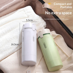 Two compact and portable leak-proof travel dispenser bottles in white and light green, designed to save space in a suitcase for convenient toiletry storage.