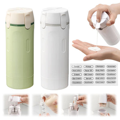 Two leak-proof travel dispenser bottles in green and white with flip-top lids, showing a hand dispensing lotion, surrounded by labels for various toiletry liquids.