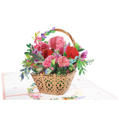Intricate 3D pop-up card featuring a floral bouquet in a decorative basket, ideal for heartfelt Mother's Day or special occasion greetings.