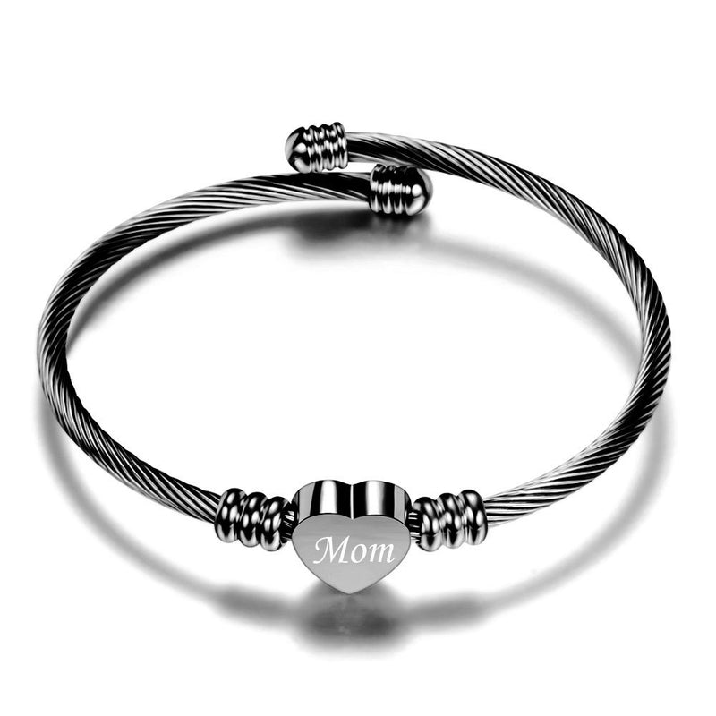 Silver-toned textured cable bracelet featuring a heart-shaped charm engraved with 
