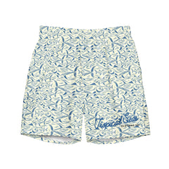 Blue and white men's swim trunks with an animal-inspired fish pattern, featuring quick-dry polyester fabric and a tropical-themed logo on the leg.