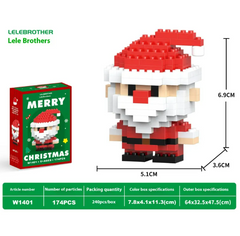 Small detailed Santa Claus figure made from tiny red, white, black, and beige building blocks, designed as a festive Christmas decoration.