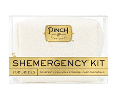 Clear bridal emergency kit with a sparkling textured pouch labeled for brides, containing 50 beauty, fashion, and personal care essentials for wedding day preparedness.