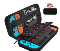 Black shockproof carrying case open to show organized compartments holding a handheld gaming console with blue and orange controllers and accessories, plus a detachable handle for portability.
