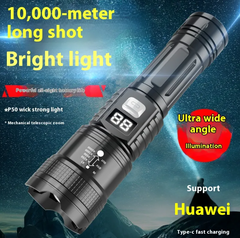 Black high-performance flashlight with adjustable zoom and digital display, designed for long-distance bright illumination and ultra-wide angle lighting support.