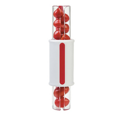 Compact kitchen slicer with a white and red handle, designed for evenly slicing multiple cherry tomatoes or small vegetables at once.