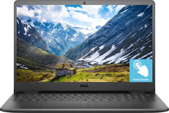 Black Dell laptop with a 15.6-inch full HD touchscreen displaying a mountain landscape wallpaper, highlighting its responsive touch functionality.