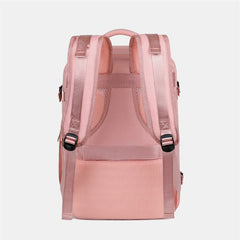 Back view of a large pink travel backpack for women featuring padded shoulder straps and breathable mesh back panel for comfort during travel.