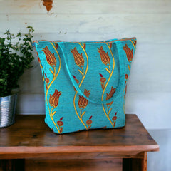 Authentic Kilim Fabric Ottoman Tulips Design Purse with Handles, Turkish Carpet, Beach Bag, Tote, Reusable Shopping Bag -- Turquoise/Gold
