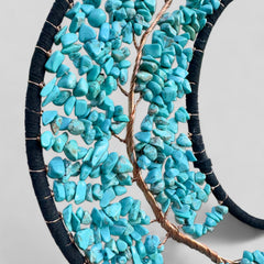 Medium Wall Hanging Crescent Moon Dream Catcher with Turquoise Stones & Hanging Stone Charm with Turquoise Black Feathers Modern Home Decor