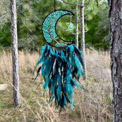 Medium Wall Hanging Crescent Moon Dream Catcher with Turquoise Stones & Hanging Stone Charm with Turquoise Black Feathers Modern Home Decor