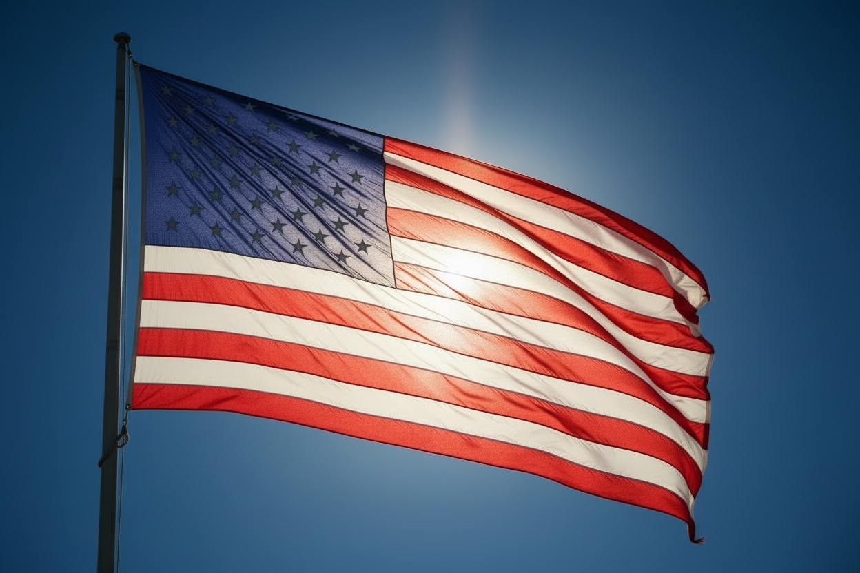 American flag waving against a clear blue sky with sunlight shining through the fabric, symbolizing patriotism and national pride.