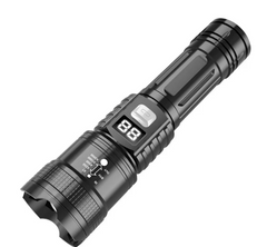 Sleek black high-performance flashlight with digital display, adjustable focus, and textured grip, designed for reliable outdoor and emergency use.